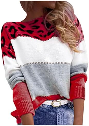 Пуловери MUDUH за жени, Модерен Контрастен Цвят с Леопардовым Принтом, Всекидневни Свободен Пуловер с Дълъг Ръкав, Грозна Коледен Пуловер