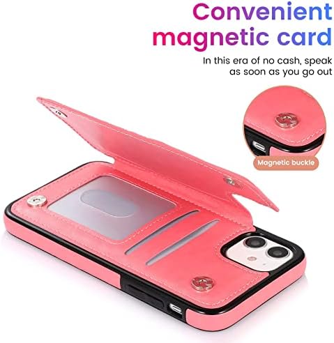 ALASHENG Разработена за iPhone 11 Чанта-портфейл със собственик на кредитната карта, Кожена Поставка за карти с памет, Здрав устойчив на удари калъф за iPhone 11 6,1 инча (Розов М?