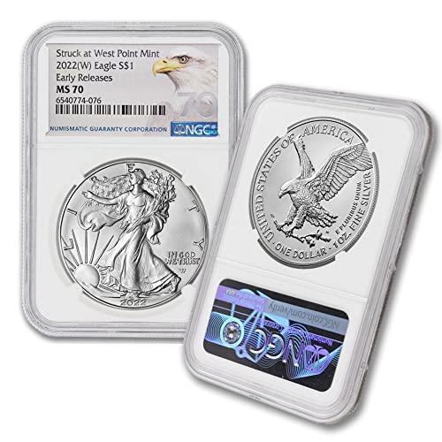 2022 (W) 1 унция American Silver Eagle MS-70 (Ранни издания - Сечени в монетния двор на Уест-Пойнта - лейбъл