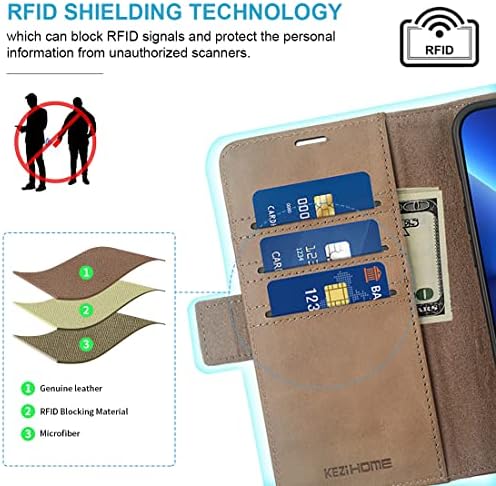Чанта-портфейл KEZiHOME за iPhone 14, флип-надолу делото-поставка от естествена кожа [RFID заключване] [Вътрешна