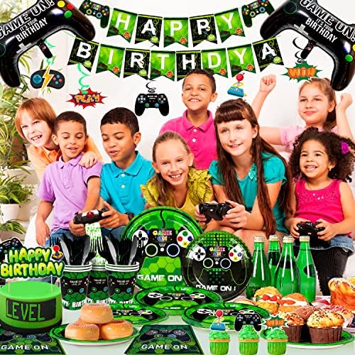 Зелени аксесоари за парти в чест на видео игри-194 бр., декорация на съдове и прибори за геймъри на Рожден Ден,
