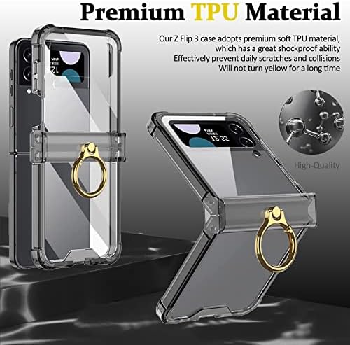 Калъф Miimall, съвместим с Samsung Galaxy Z Flip 3, [Защита от пантите] [Метален пръстен-притежател] [Свободно да се сгъва] [устойчив на удари ъгъл] Мек калъф-броня от TPU със защита о?