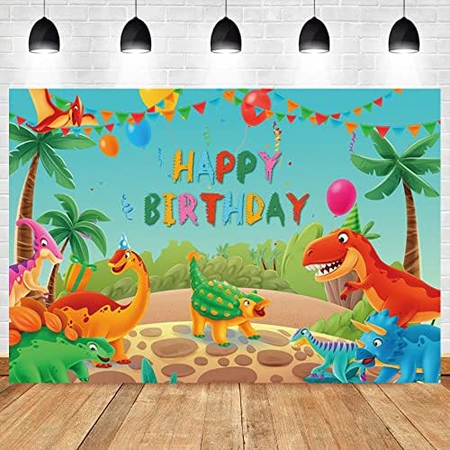 Renaiss 7x5ft честит Рожден Ден на Динозавър Тематичен Фон За Парти Цветни Динозаврите Знамена и Балони Тропическо