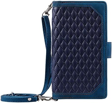 Чанта-портфейл AZIMJOOD за iPhone 13 Pro с Решетъчен Дизайн, Флип калъф от Изкуствена кожа, чанта с цип, с Дълга шнурком за една Дама - E Blue