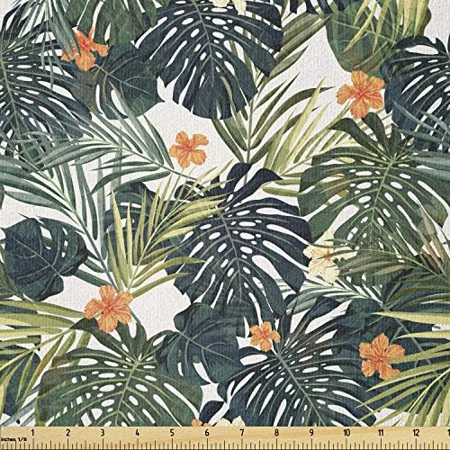 Плат Ambesonne Hawaii by The Yard, Композиция от Тропически Лятна Листата с цветовете на Хибискус, Еластична