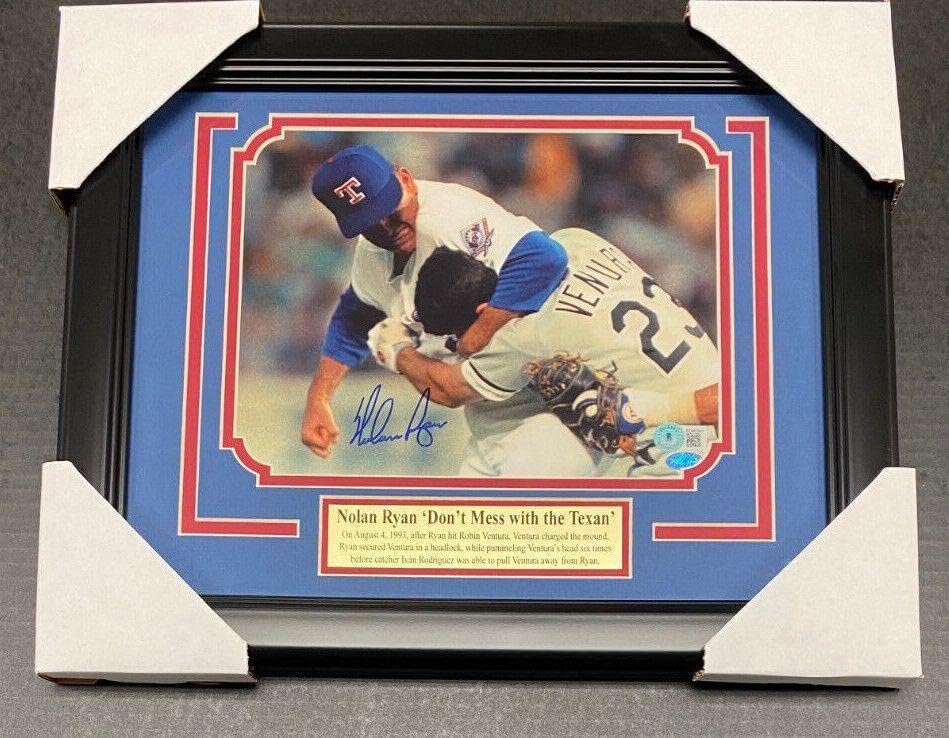 Битка с Ноланом Райаном с Автограф Рейнджърс 8x10 Снимка В Рамка с Бас Бекет Coa - Снимки на MLB с автограф