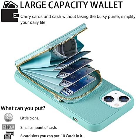 Калъф за носене в чантата си Anyos по рамото за iPhone 14, [6 слота за карти] Кожен калъф-портфейл с цип за