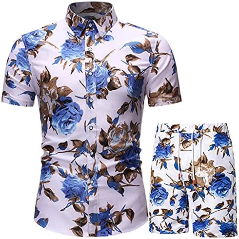 Мъжки Ризи с Къс Ръкав, Комплект Шорти, Модни Копчета С Ревери, Ежедневни Плажна Блуза С Цветен Модел, Блузи,