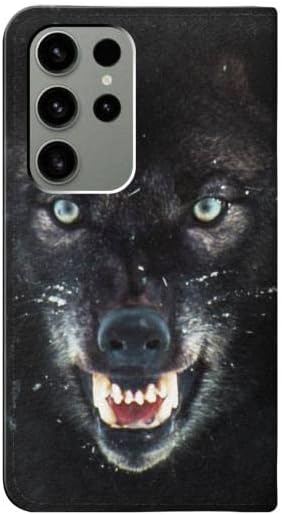 RW2823 черен вълк със сини очи, панти калъф от изкуствена кожа за Samsung Galaxy S23 Ultra