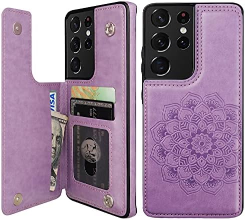 Чанта-портфейл Vaburs за Galaxy S21 Ultra с държач за карти, Релефен модел на Мандала, Защитен калъф от Изкуствена