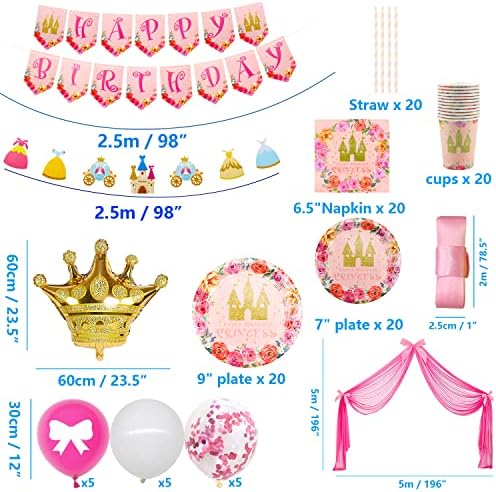 Декорация за рожден Ден в стила на принцеси за деца, комплектът включва Чинии, Crown, Тюл, Банер, балони, Покривката,