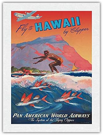 Полет до Хавай на Клипере - Сърфист, кратер Diamond Head - Pan American World Airways - Ретро туристически плакат